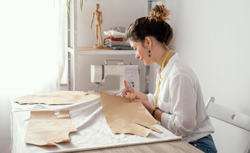 A pattern maker working on flat pattern making on paper.
