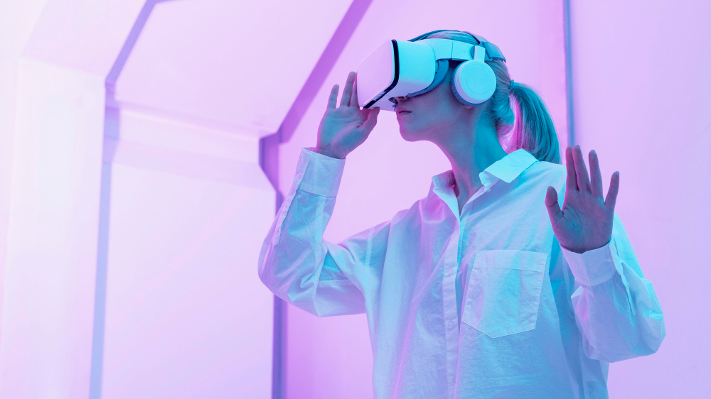 A woman wearing smart glasses, a major innovation in wearable technology.