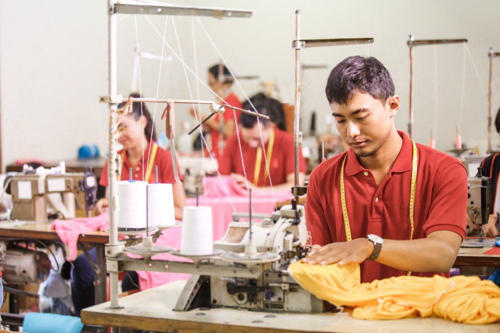 China industrial production includes skilled labor for apparel manufacturing.