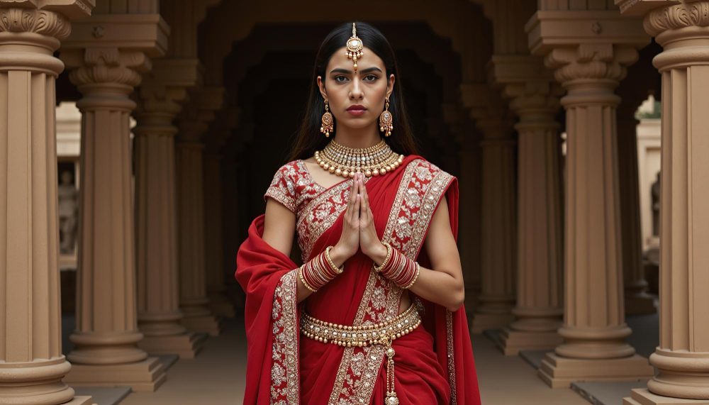 Indian fashion is typically characterized by handcrafted details and rich embroidery.
