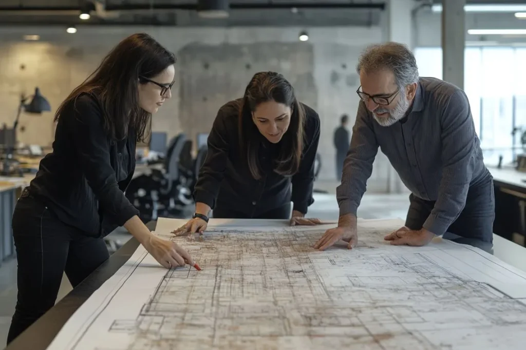 Arquitectos reunidos con un cliente para decidir el mejor layout de una fábrica.