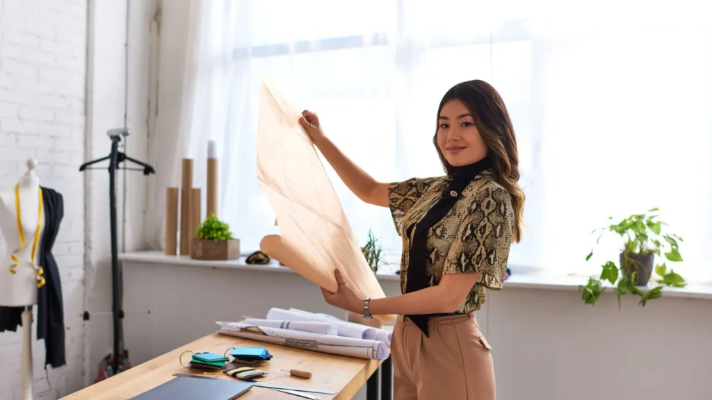 Diseñadora textil tocando una tela para evaluar las propiedades de la tela.