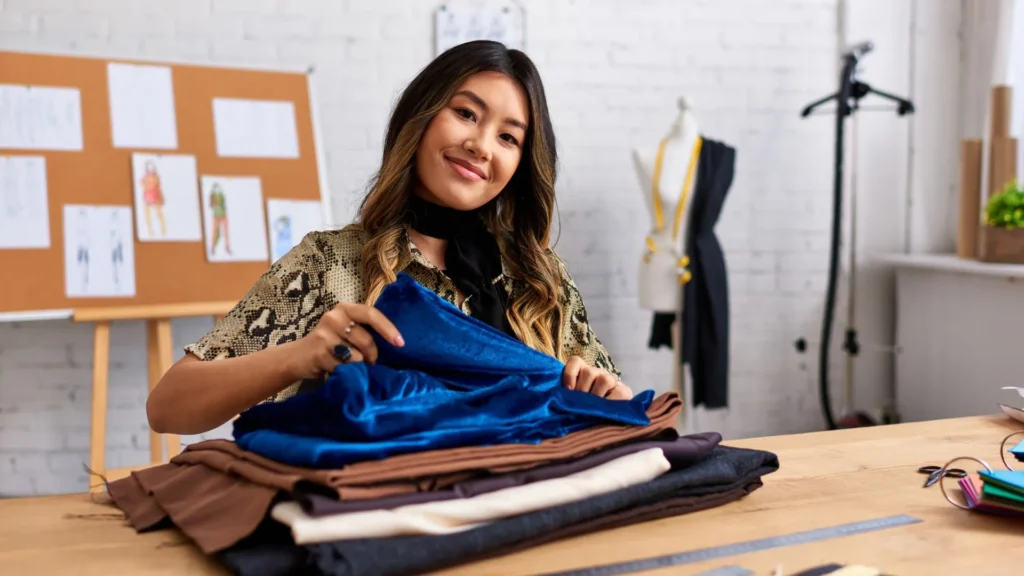 Diseñadora eligiendo tejidos en una tienda, considerando las propiedades de la tela.