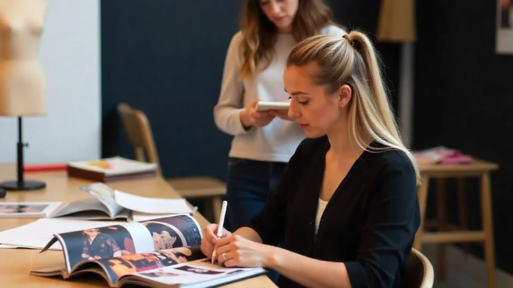 Joven diseñadora inspirándose en revistas de moda en Colombia mientras dibuja nuevas ideas para su colección.