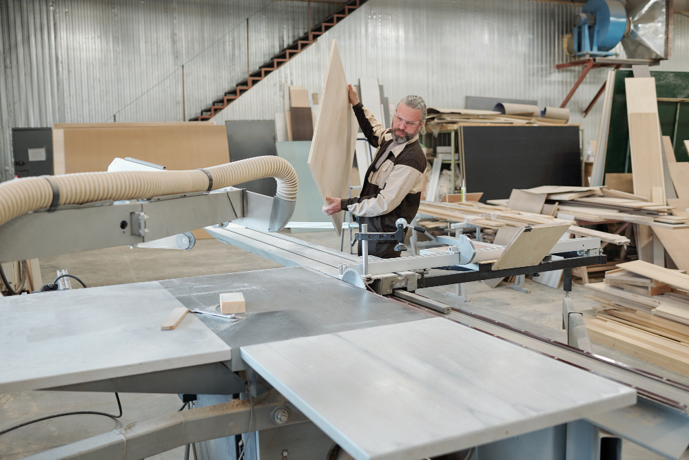 A worker with a piece of wood working in furniture production.
