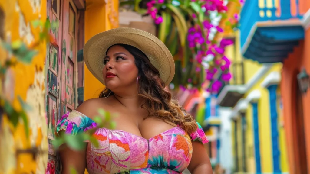 Mujer representando la fusión de la moda colombiana contemporánea con raíces culturales.