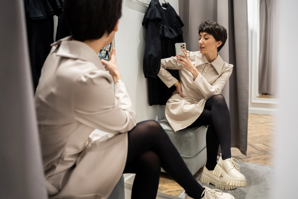 Omnichannel experience: a woman taking a selfie in a fitting room.