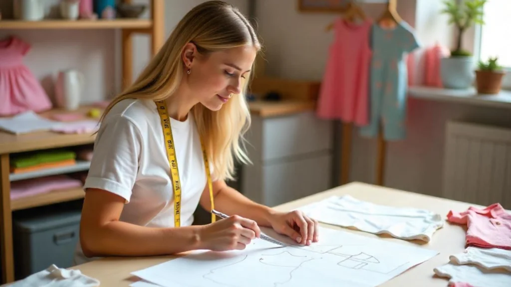 Taller de confección con diseñadora creando patrones digitales y físicos de ropa para niños, destacando técnicas modernas de patronaje para niños.