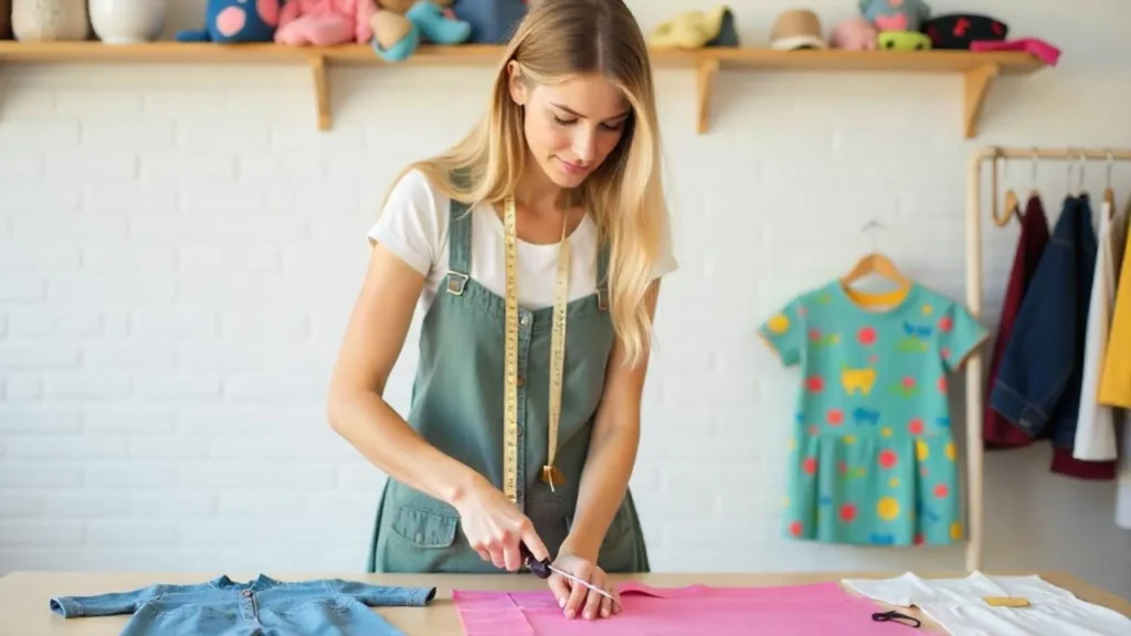 Diseñadora de moda desarrollando prendas infantiles en la computadora, con ejemplos físicos al lado, en un entorno de patronaje para niños.