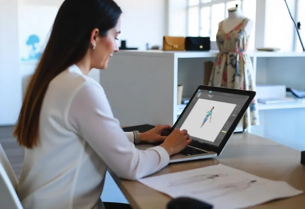 Estilista, mulher de cabelo comprido, de lado, desenhando roupas de alfaiataria digitalmente com o Audaces Fashion Studio