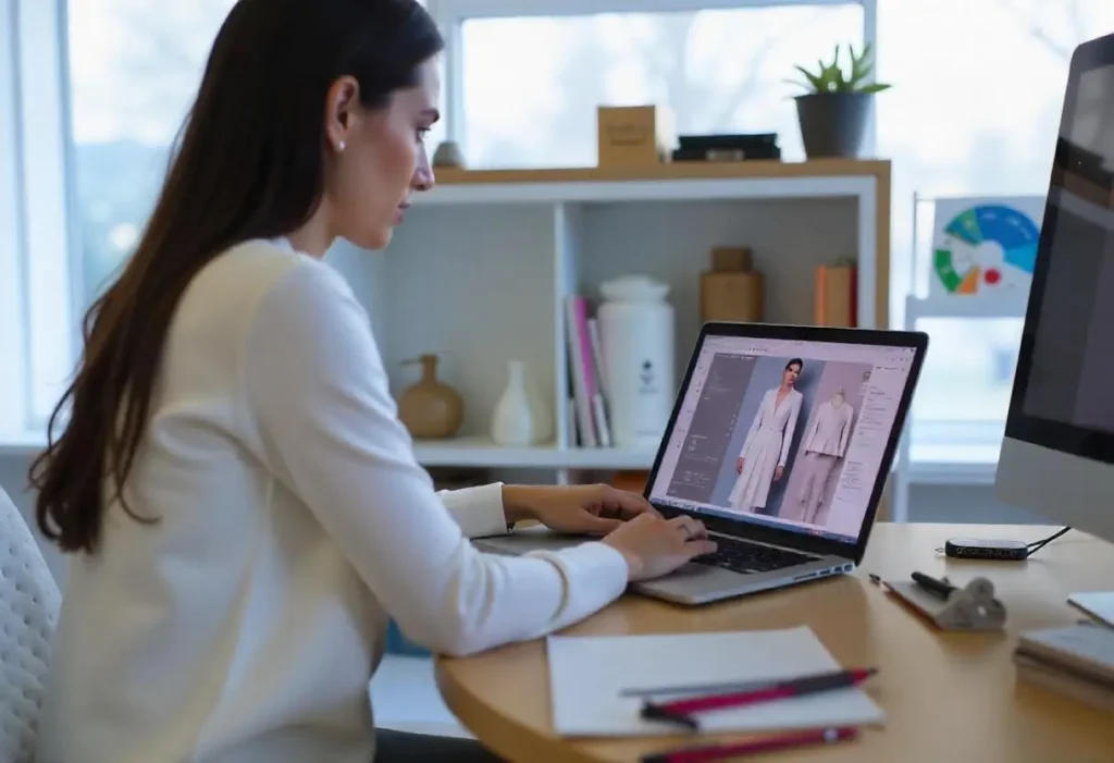 Estilista, mulher de cabelo comprido, de lado, criando roupas de alfaiataria em um software de desenho 3D em um ateliê de moda