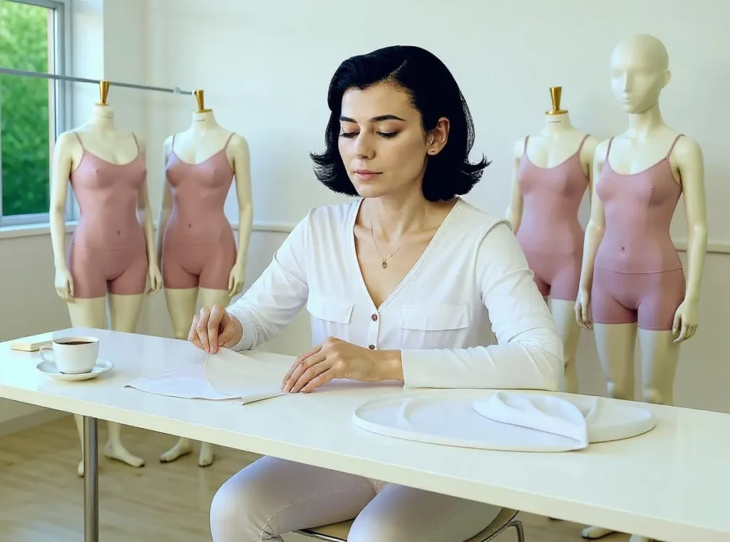 Diseñadora de moda trabajando con telas sin costuras en un estudio moderno, con maniquíes vestidos con prendas deportivas y ropa interior seamless al fondo