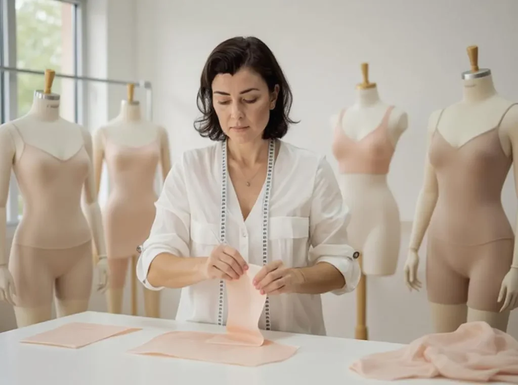 Creativa diseñadora de moda enfocada en la confección de prendas seamless, con maniquíes de ropa deportiva y lencería sin costuras visibles detrás.