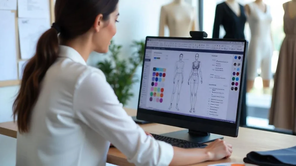 Diseñadora de moda colaborando en un software fashion PLM, analizando bocetos digitales y detalles técnicos desde la pantalla de su oficina creativa.