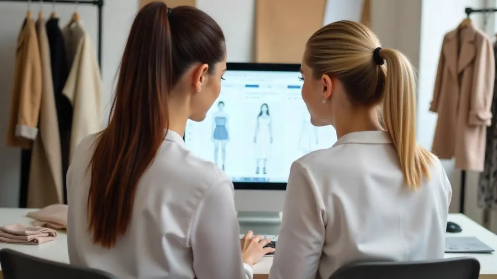 Vista trasera de dos diseñadoras concentradas en el uso de fashion PLM, en un entorno moderno con iluminación natural y mobiliario funcional.