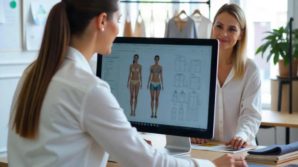 Ambiente profesional de estudio de moda donde el fashion PLM guía el desarrollo de colecciones con precisión y eficiencia.