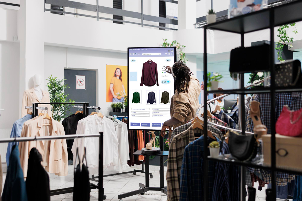 Omnichannel experience: a modern clothing store offering online and in-person experiences.