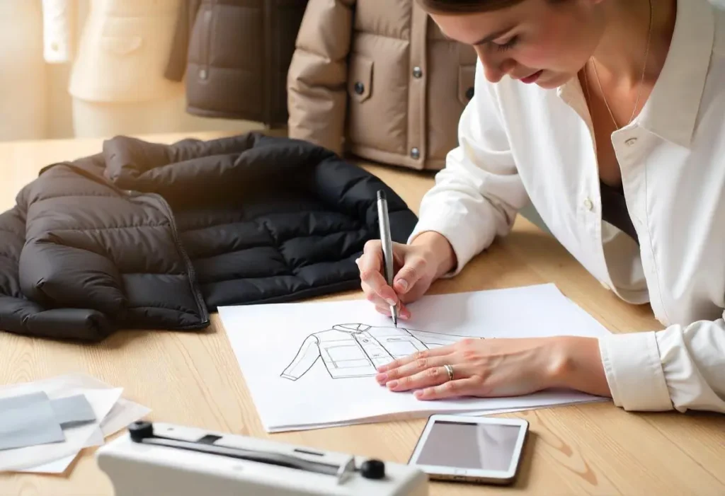 Diseñadora realizando su diseño digital de abrigo mientras otros tipos de abrigos terminados cuelgan al fondo