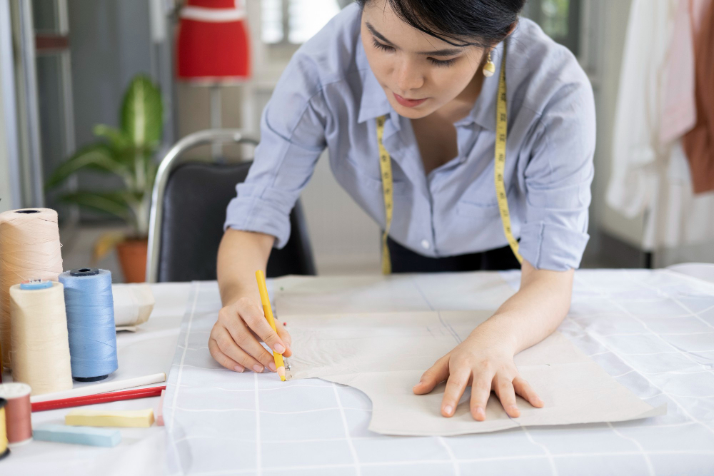 Basic block patterns: a fashion professional drafting patterns by hand.