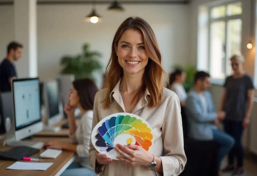 Una diseñadora de moda observa atentamente una paleta de colores en sus manos mientras trabaja en su estudio