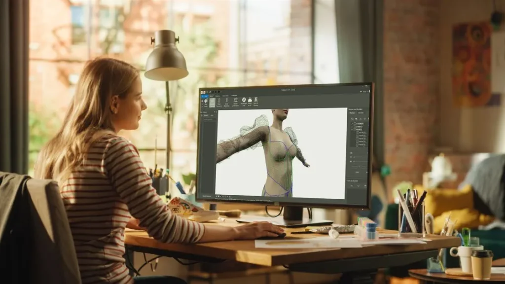Female silhouette: a fashion designer creating a 3D sketch on the computer.