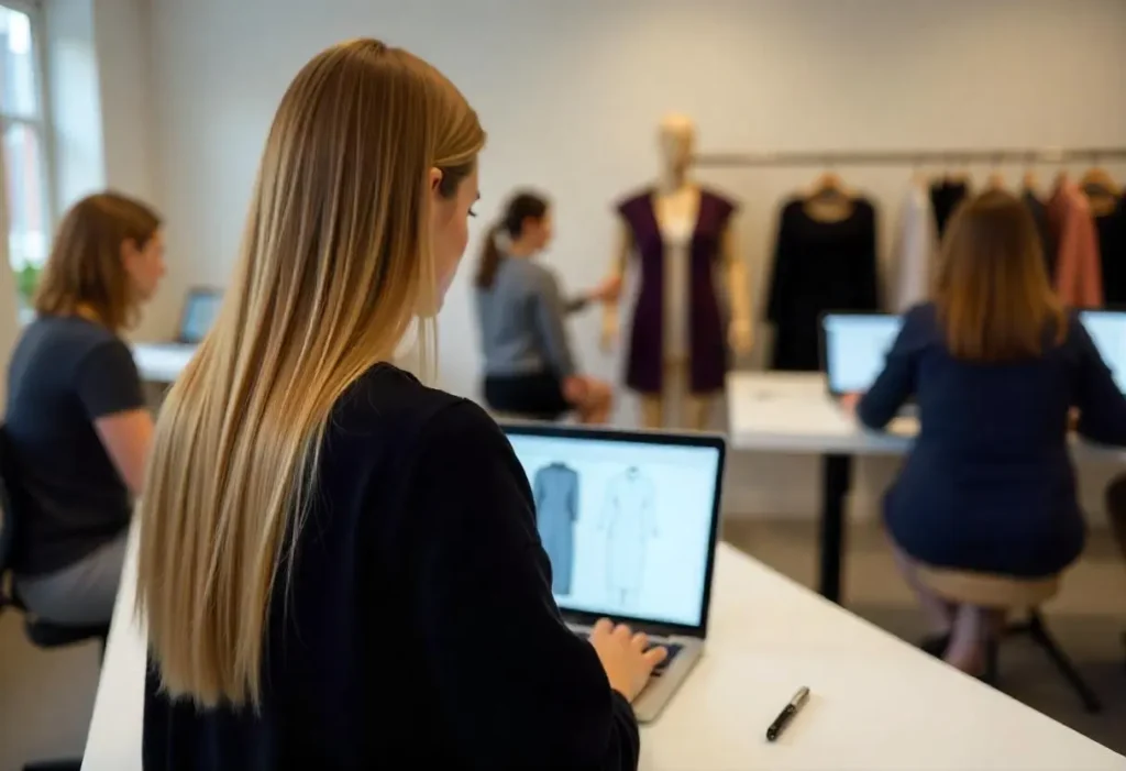 Proceso de flujo de trabajo digitalizado de patrones en un estudio de moda con equipo creativo desarrollando colecciones de forma conectada.