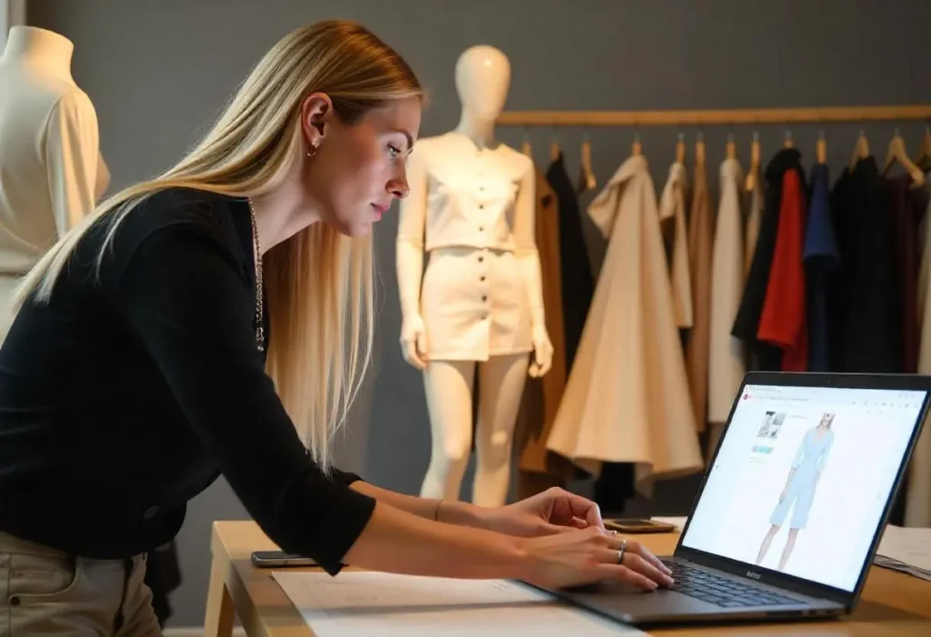 Modelista digitalizando un patrón de ropa en su computadora como parte del flujo de trabajo en un estudio de diseño de moda.