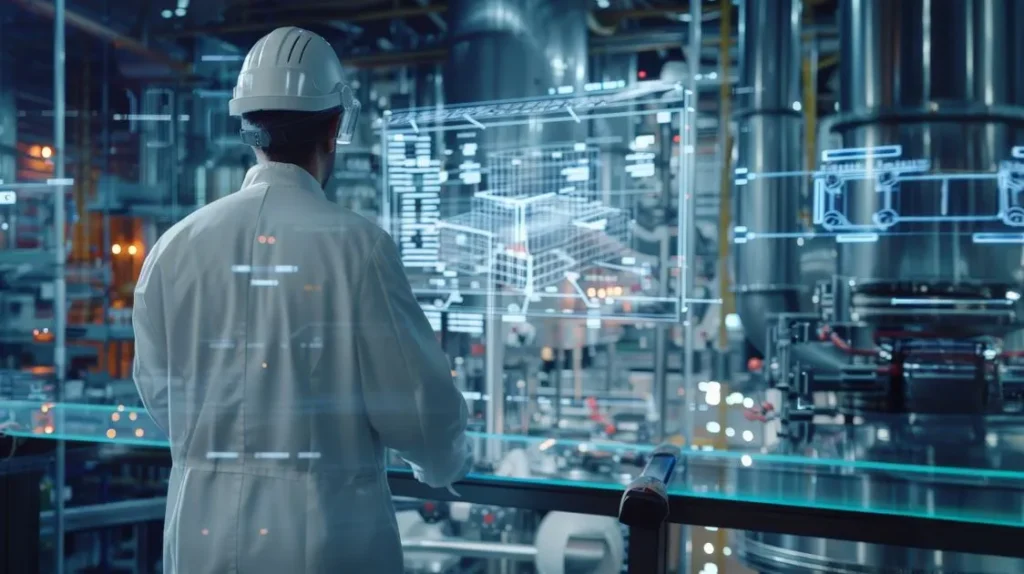 Global industrial production: a man in a helmet observing an industry.