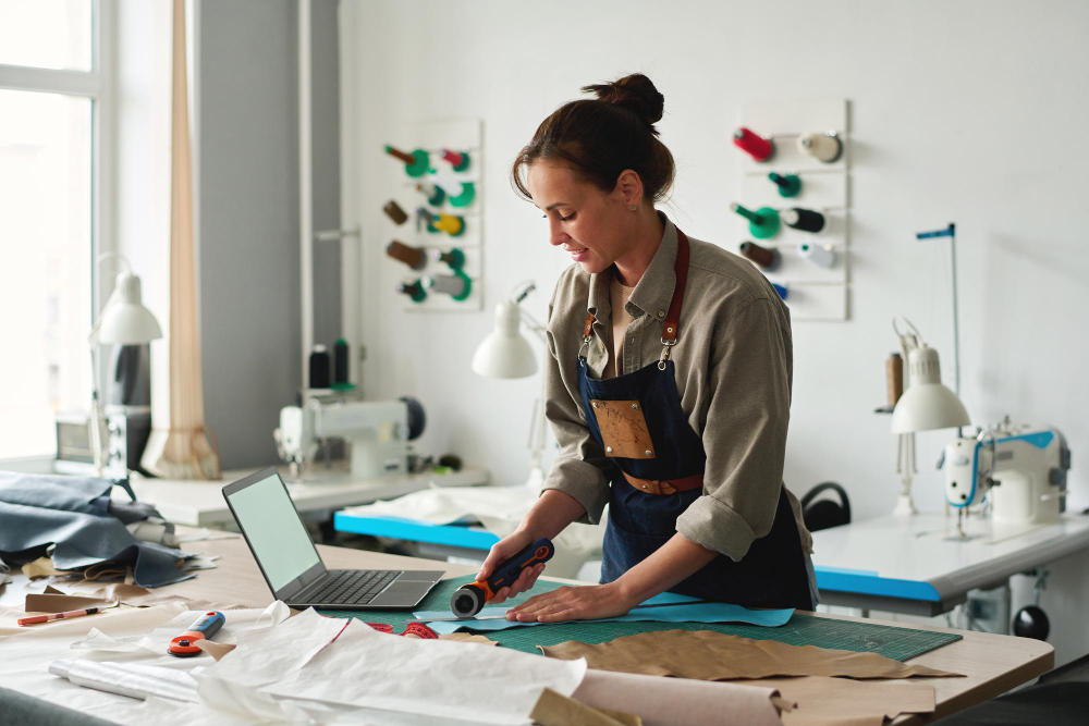 How to make a bag: a woman working with the support of technology.