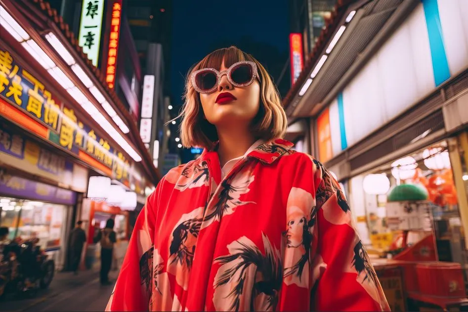 Japan fashion: a young Asian woman wearing a printed coat