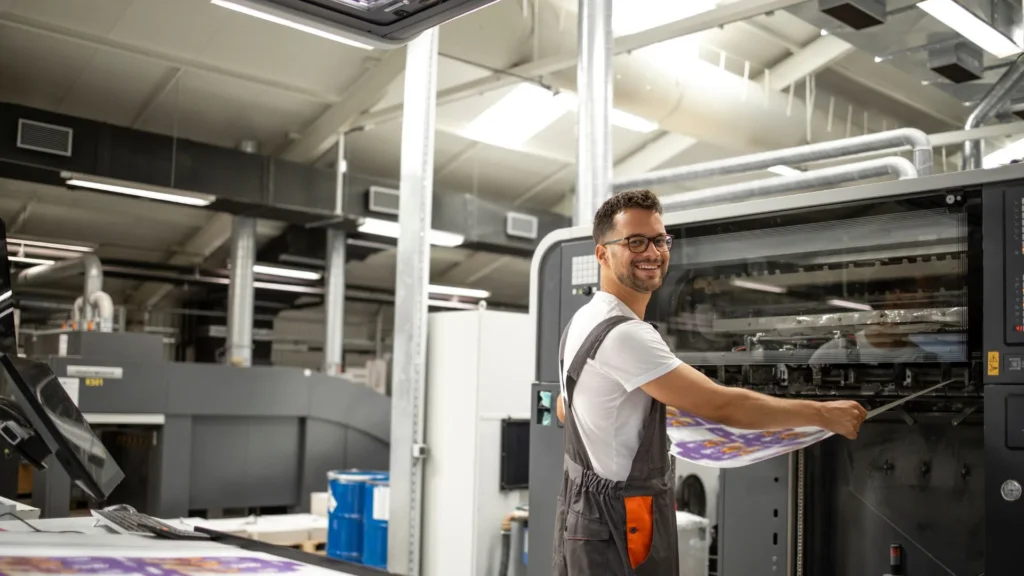 Profesional utilizando una máquina plotter industrial, con detalles visibles del equipo y los patrones de tela listos para ser cortados en un ambiente moderno de moda.

