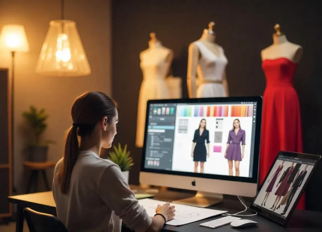 Escena en un estudio moderno donde un grupo de diseñadoras trabaja para marcas de ropa argentinas.