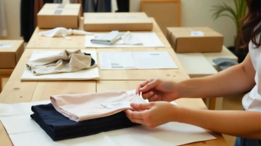 Espacio de trabajo omnichannel con productos de moda, empaques y herramientas digitales para ventas online y físicas.