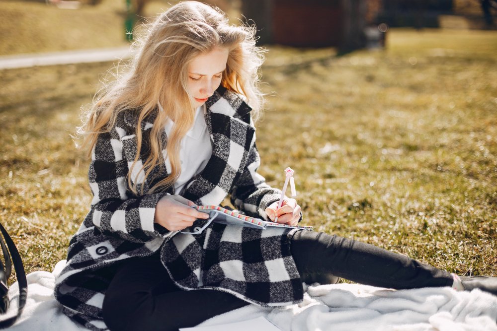 Plaid print: a woman wearing a buffalo plaid item of clothing.