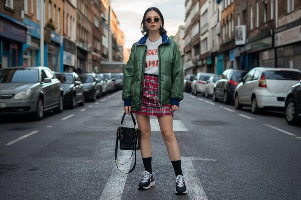 Plaid print: a young woman wearing a plaid skirt.