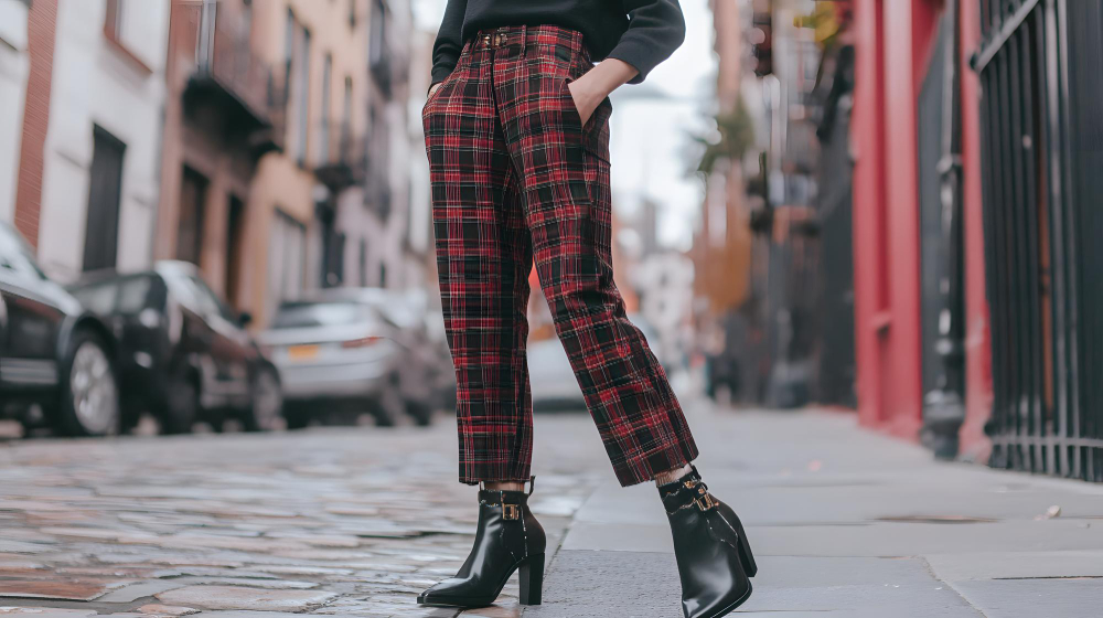 Plaid print: a woman wearing red plaid pants.