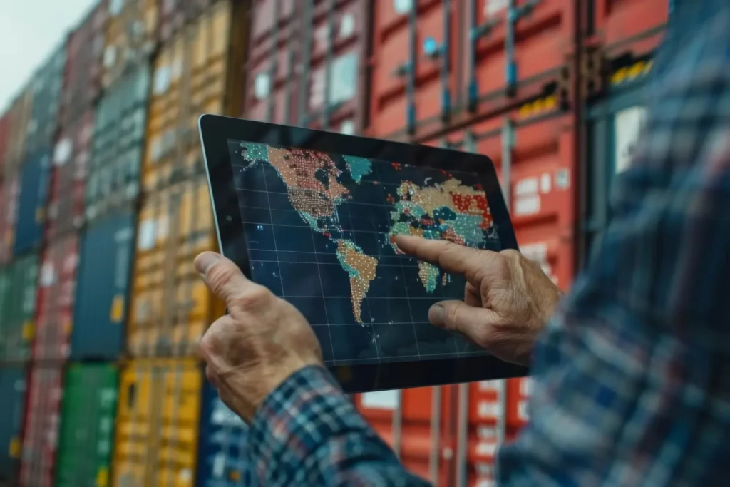 Zoom de uma pessoa carregando um tablet com um mapa mundial em meio a contêineres de exportação.