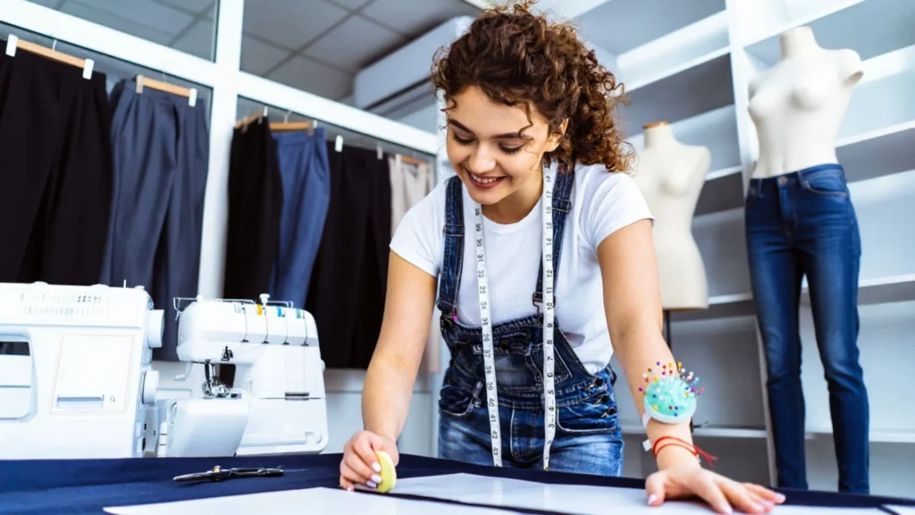Diseñadora de moda trabajando en el diseño de uno de los tipos de pantalones más vendidos de la temporada.
