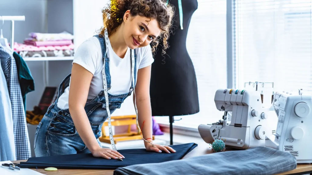 Proceso creativo de una diseñadora desarrollando nuevos tipos de pantalones en su estudio de moda.