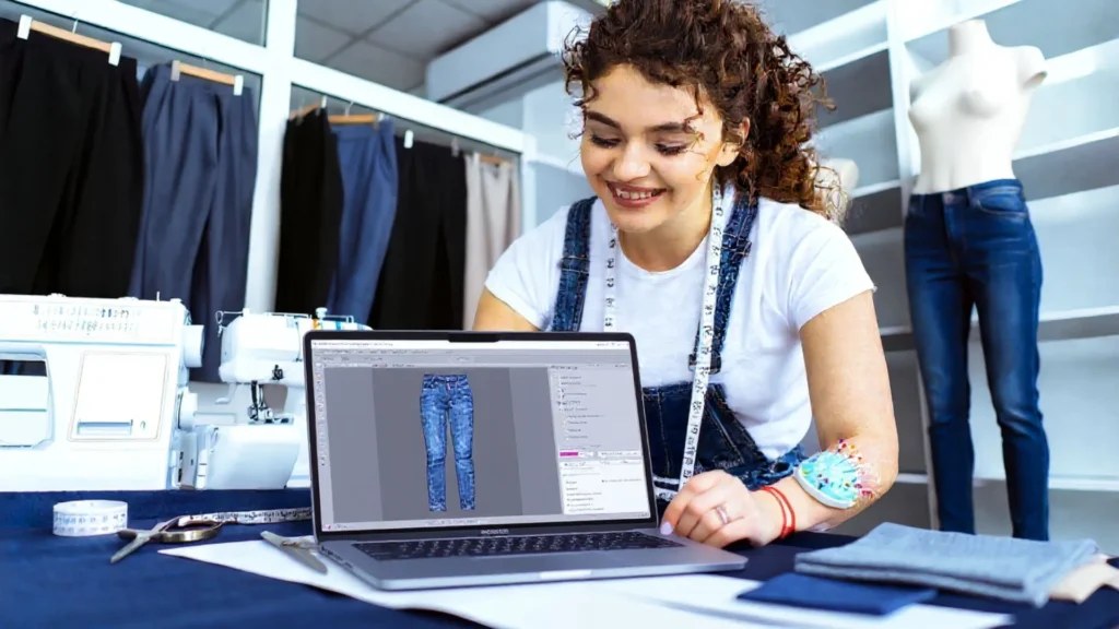 Diseñadora creando patrones exclusivos mientras explora diferentes tipos de pantalones para su colección.