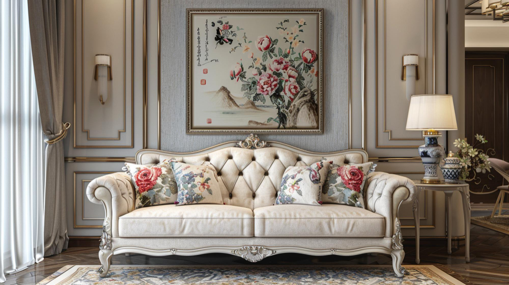 Turkish furniture: a large, classic, and refined sofa with floral cushions.
