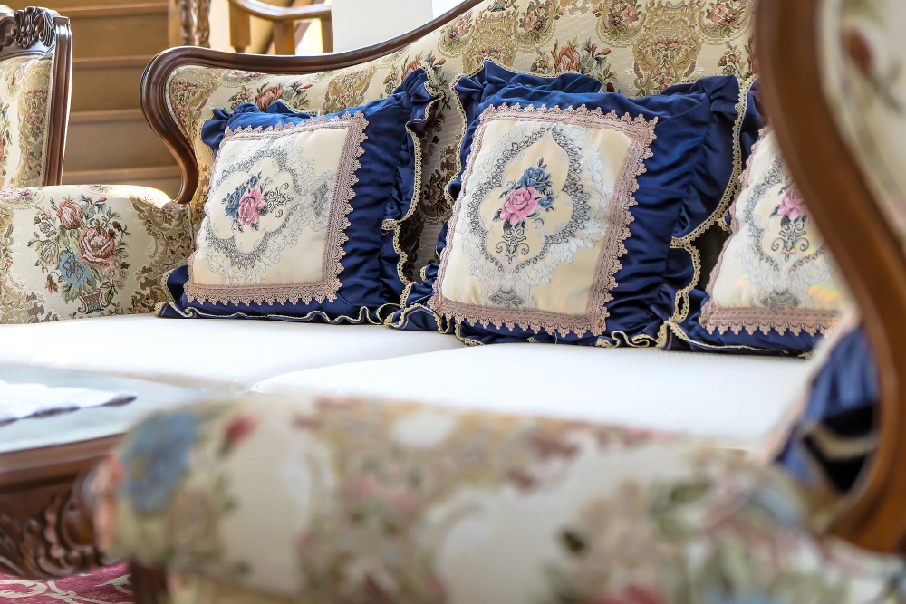 Turkish furniture: a patterned sofa with floral cushions.