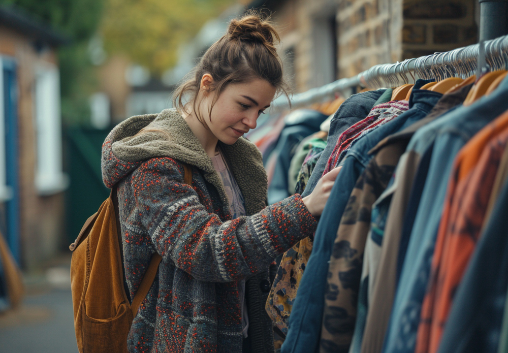 Hyperlocal: A woman shopping locally, picking out clothes from a rack.