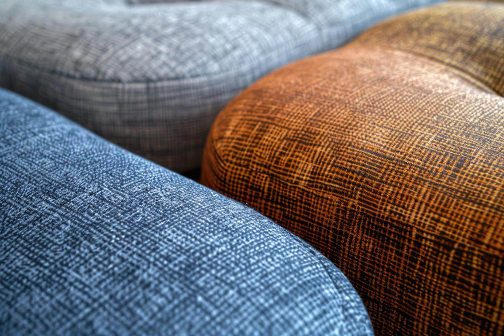Denim furniture: poufs made from the material in different colors.