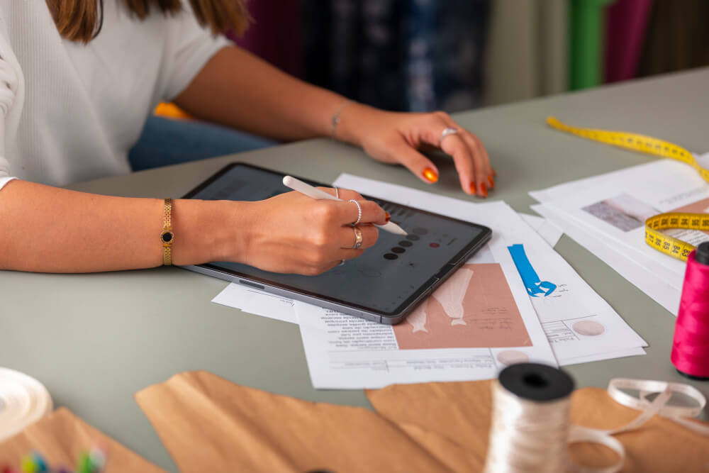 Diseñador aplicando el diseño de textura digitalmente en una tablet