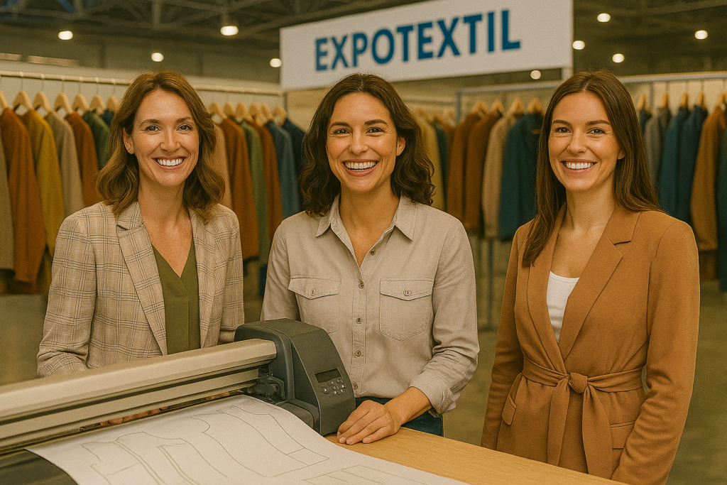 En la Expotextil, diseñadoras observan maquinaria textil avanzada mientras se generan ideas y conexiones clave.

