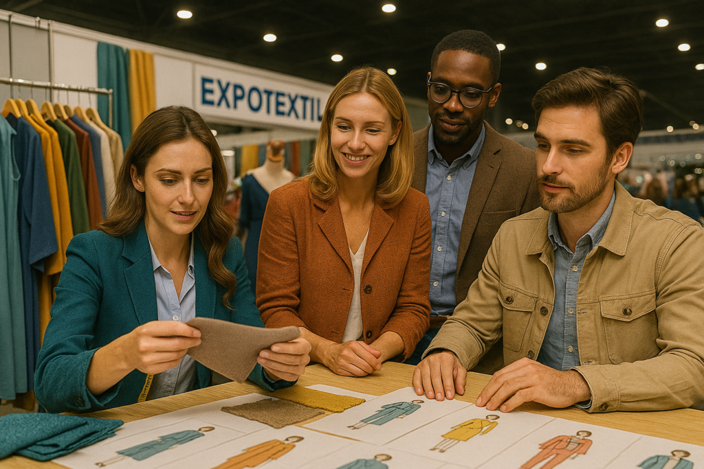 Modelistas exploran patrones en la Expotextil, rodeada de tecnología y profesionales del sector.