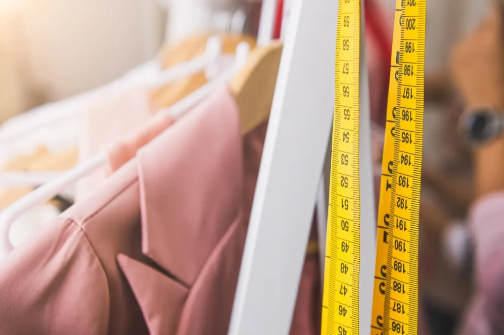 Cabide de roupas com uma fita métrica, usada para criar a grade de tamanhos de roupas de uma marca.