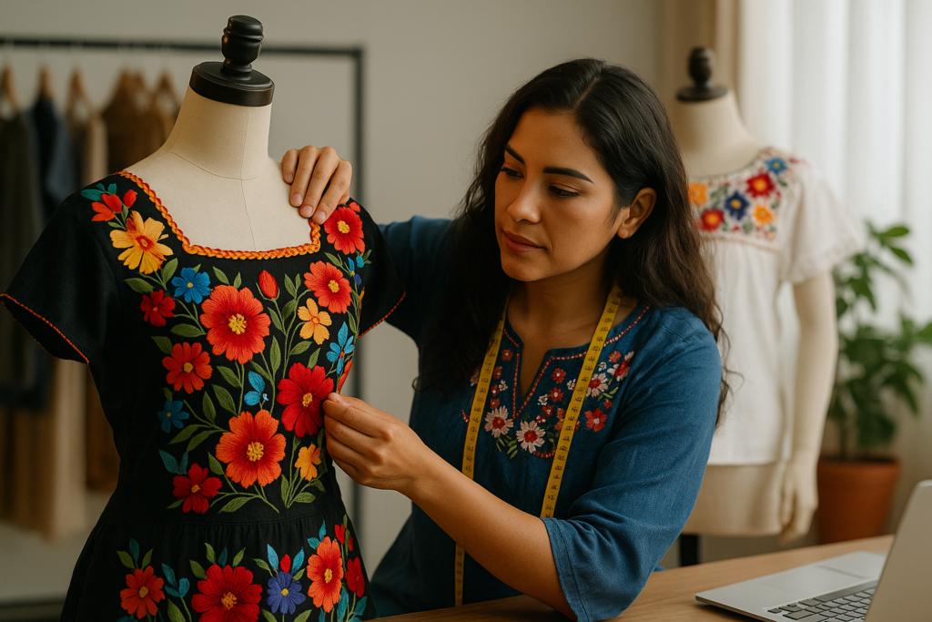 Diseñadora trabajando en su colección de moda mexicana