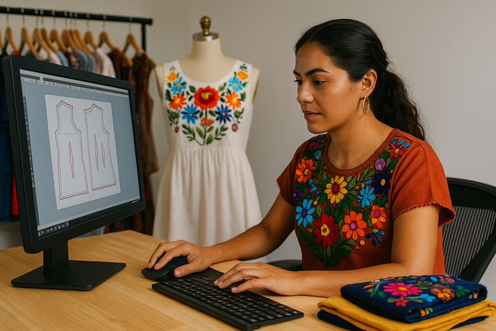 Diseñadora trabaja en computadora en estudio de moda mexicana.